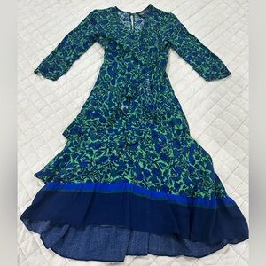 Anthropologie Maeve Green & Blue Floral High-Low Ruffle Dress